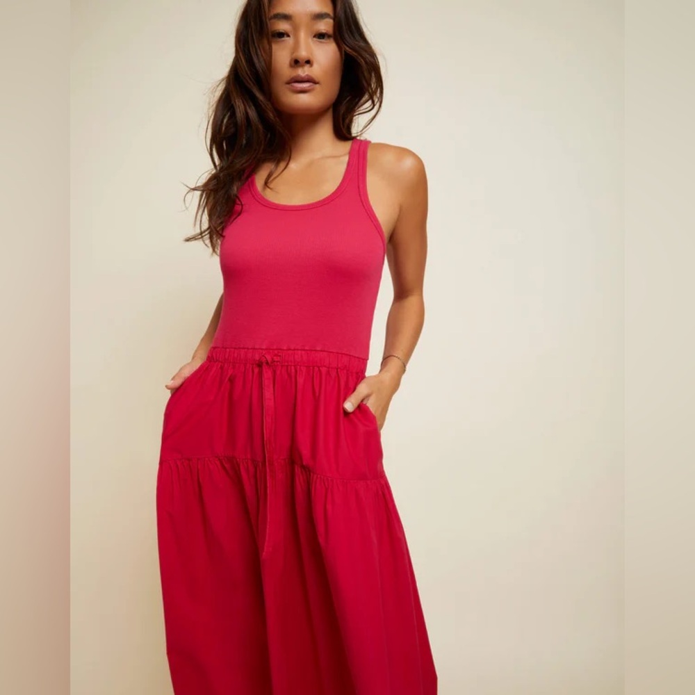 Medium red Nation dress with draw waist and pockets.